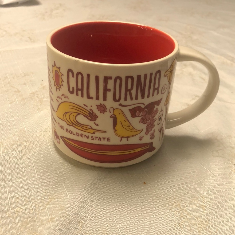 Starbucks California Mug - Red Interior with White Exterior and Yellow Graphics
